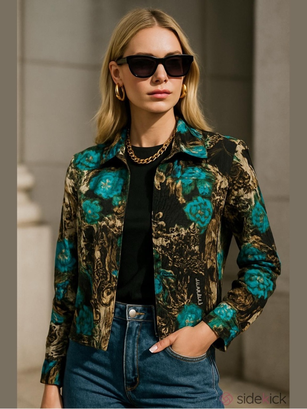 Baby Phat vintage blue turquoise brown floral cropped jacket with logo Sz S